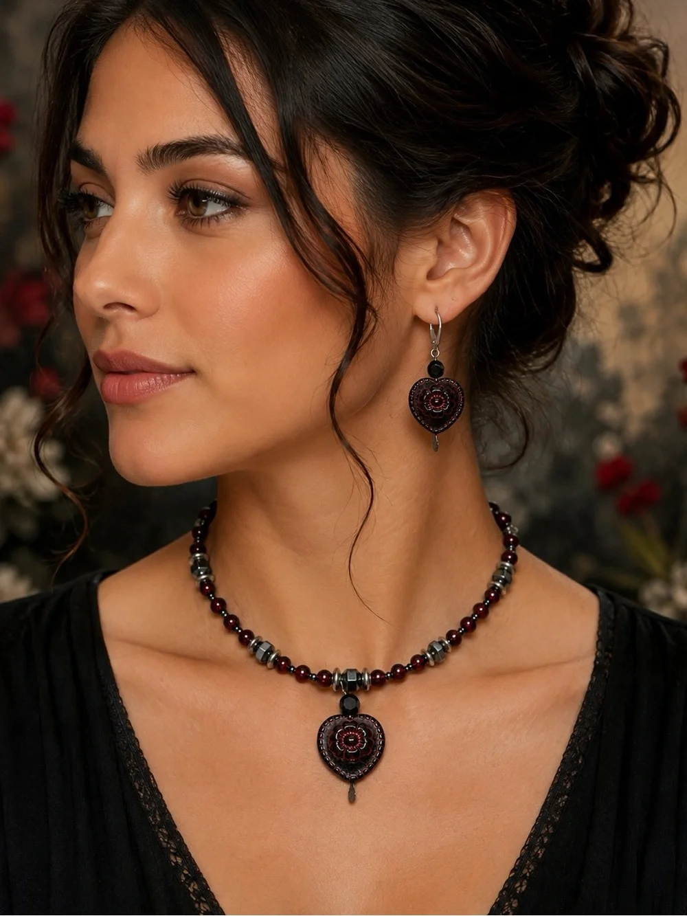 Czech Glass Heart Necklace & Earrings Set, Wrap Necklace, One of a Kind